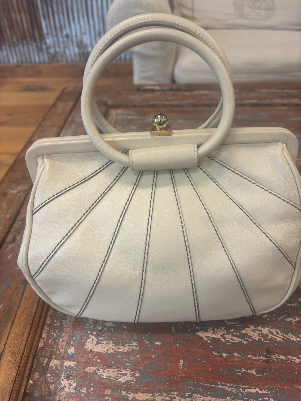 Nine West Cream Soft Leather Top-Handle Satchel with Contrast Stitching